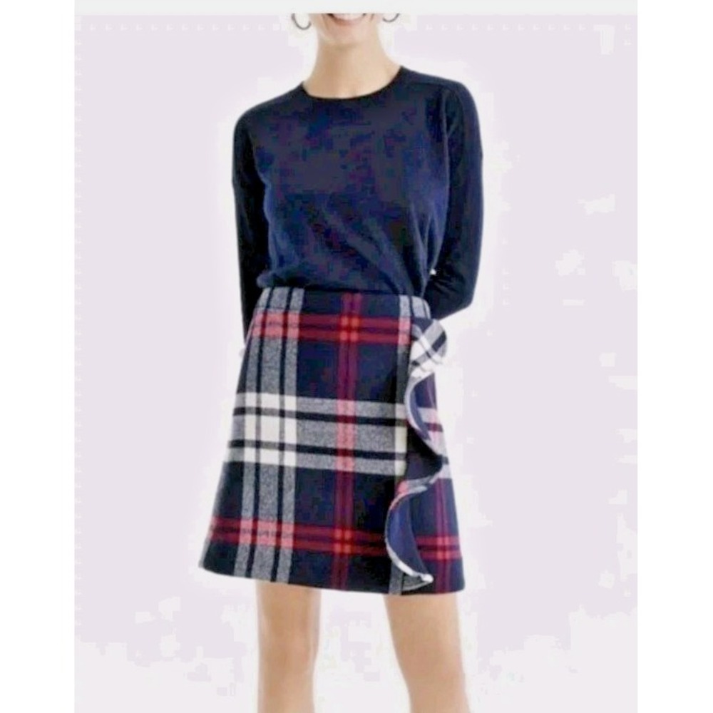 J. Crew Wool Blend Plaid Ruffle Fleece Mini Skirt Lined Blue Pink‎ Women Size 10
